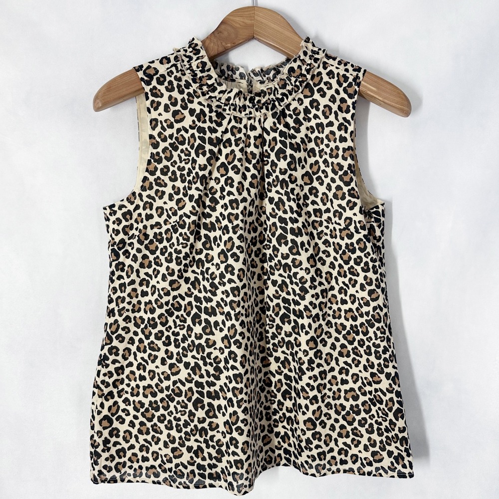 1901 Cotton Sleeveless Leopard Tan Black High Neck Top Women's Size Medium